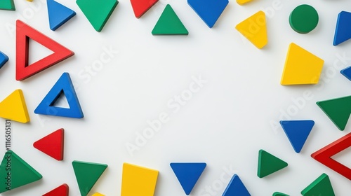 Free Download Colorful wooden geometric shapes arranged in a frame on a white background, leaving a central space for text or design. - GFXLoad
