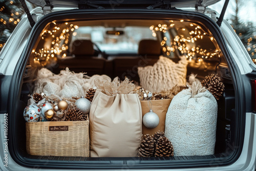 car trunk packed with Christmas decorations in shopping bags, filled with festive items like ornaments, lights, and gift promotions, seasonal advertisements, or lifestyle content  photo