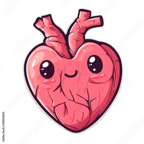 Kawaii minimal toon anatomic heart with a cheerful smile and rosy cheeks