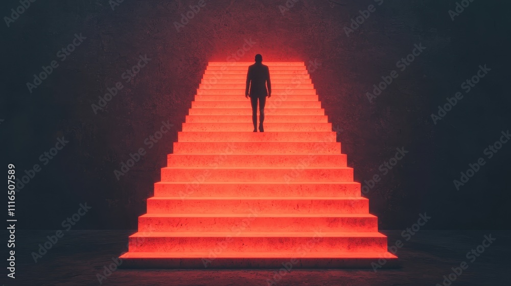 Mysterious ascension a figure walking up neon stairs in an abstract environment Mysterious ascension a figure walking up neon stairs in an abstract environment