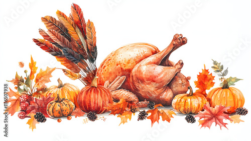 Thanksgiving table setting with a roasted turkey, pumpkins, and autumn leaves, isolated on a pure white background photo