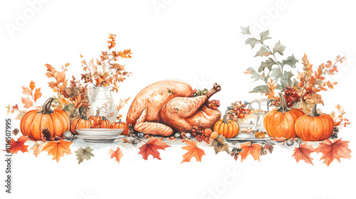 Thanksgiving table setting with a roasted turkey, pumpkins, and autumn leaves, isolated on a pure white background photo