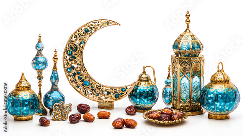 Ramadan celebration featuring a crescent moon, lanterns, and dates, isolated on a pure white background photo