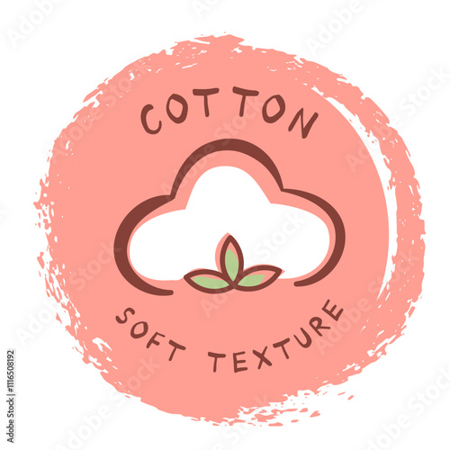 White cotton roughly drawn by hand with a brush in a round pink spot with text in a circle. Flat doodle style. Vector illustration.