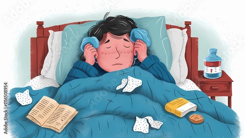 A person resting in bed with an ice pack, tissues, and medicine on the bedside table. Sick person in bed, with a glass of water, medicine, and nurturing atmosphere