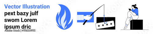 Hand with fishing rod indicating phishing, flame representing security threat, person sitting and reading. Ideal for cybersecurity education, threat awareness, data protection, phishing alerts