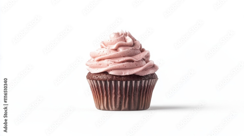 A beautifully crafted chocolate cupcake sits on a pristine white background, showcasing its rich color and luscious pink frosting, inviting sweet indulgence and joy A beautifully crafted chocolate cupcake sits on a pristine white background, showcasing its rich color and luscious pink frosting, inviting sweet indulgence and joy