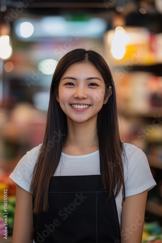 Portrait of a smiling happy friendly store employee in holiday shopping season