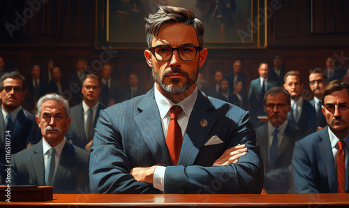 The Weight of Responsibility: A man in a suit, with a serious expression, stands before a crowd of men in suits, his arms crossed, in a powerful portrait of leadership and authority.  