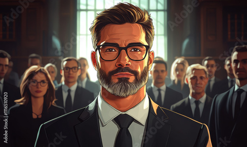 The Confident Leader: A stylized portrait of a charismatic businessman, exuding power and authority, stands before a respectful audience.  His determined gaze and composed demeanor command attention.