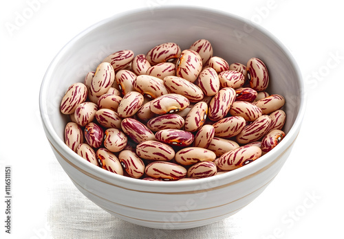 Cranberry beans, Borlotti beans in white bowl on linen. Tan colored, streaked with red variety of the common bean Phaseolus vulgaris, also known as Borlotto, Roman, saluggia, gadhra or rosecoco bean. photo