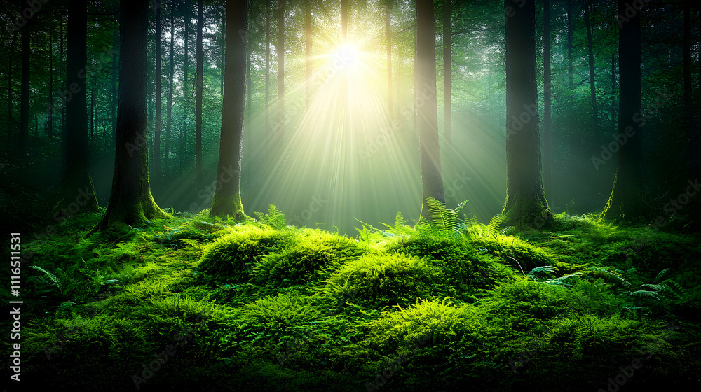 Obraz premium Sunbeams illuminate a lush, mossy forest floor.