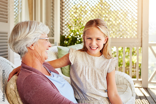 Girl, grandma and portrait by house of bonding, relax and love with support, care and happiness. Young child, grandmother and connection as family for senior visit, babysitting and weekend in Iceland