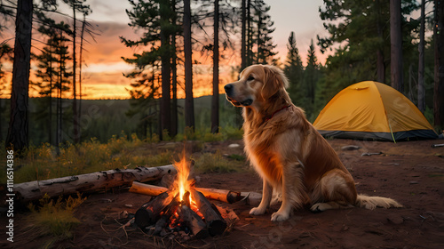 Family Camping Getaway Dog Relaxing by Tent and Campfire photo