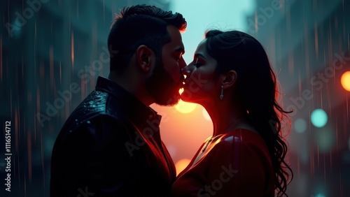 Couple kissing passionately in the rain against a vibrant city backdrop at night