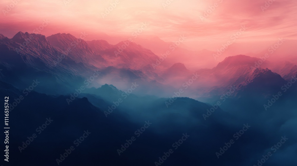 Fototapeta premium Misty Mountains Under a Pink Sunset Sky