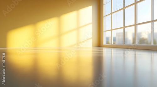 Sunlit empty room with large window and city view.