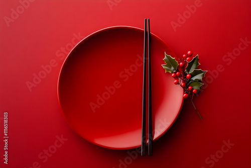 Minimalistic holiday-themed table setting with a red plate, black chopsticks, and holly berries on a vibrant red background, blending festive and modern design photo