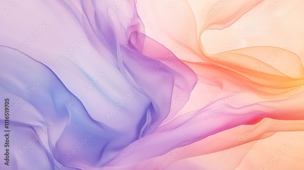 Obraz premium An abstract background with smooth, pastel gradients blending soft hues of lavender, peach, sky blue + flowing shapes and overlapping translucent watercolor wash waves layers modern, uplifting feel