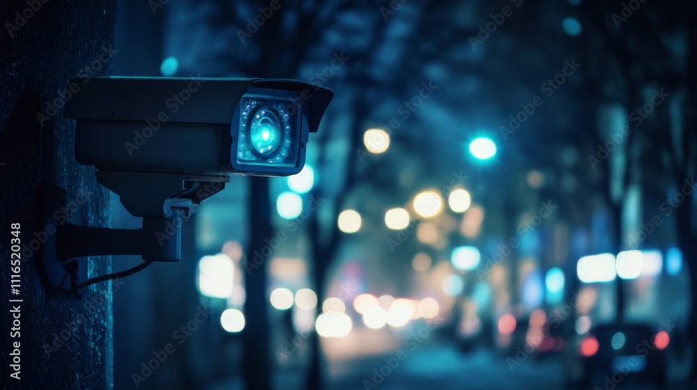 Security Camera Mounted on a Wall in a Nighttime Urban Environment Security Camera Mounted on a Wall in a Nighttime Urban Environment