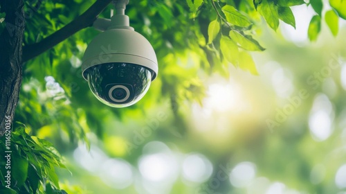 Security Camera Hanging on a Tree Branch with Green Foliage photo
