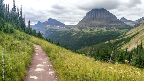 Hiking Trail Through a Mountain Valley with Fir Trees and Rocky Peaks photo