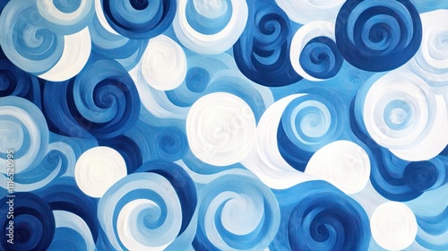Abstract blue and white swirling pattern background.