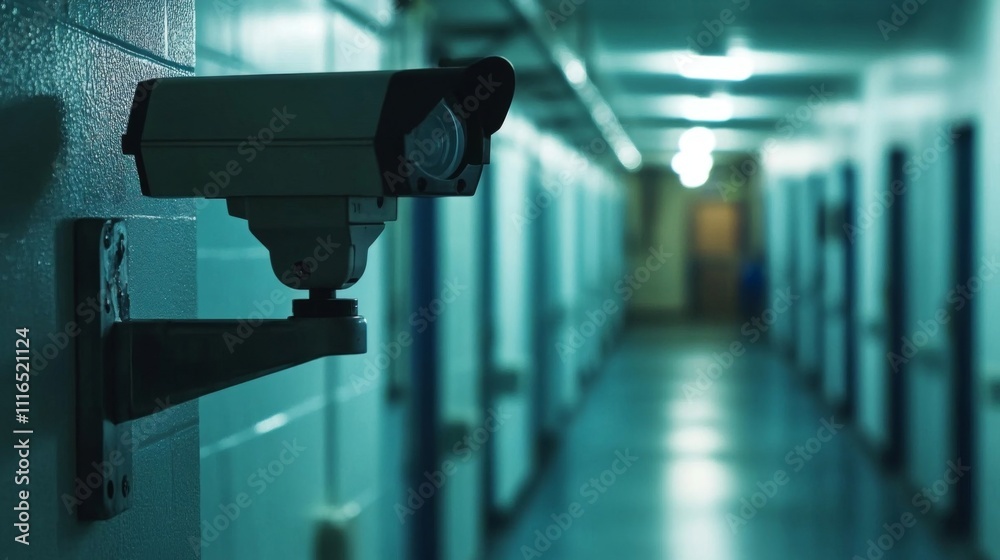 Security Camera Mounted on a Wall in a Hallway Security Camera Mounted on a Wall in a Hallway