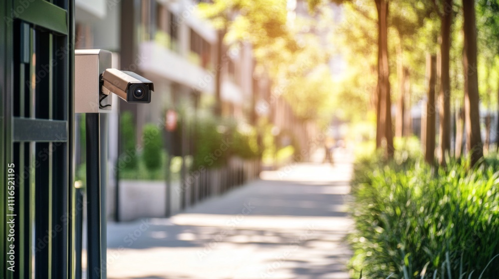 Obraz premium Security Camera Mounted on a Building Wall Overlooking a Path