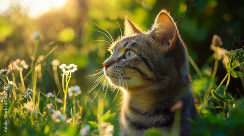 Whiskers twitching, a cat gazes softly at wildflowers under golden sunlight, highlighting the beauty of a tranquil moment in a lush green garden.