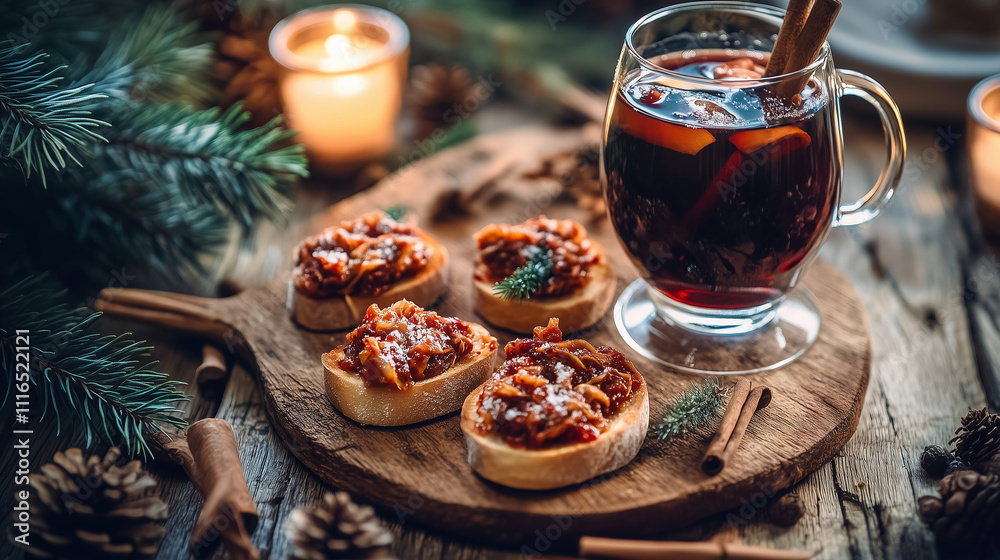 Winter Home Party Scene with Bruschetta and Mulled Wine Winter Home Party Scene with Bruschetta and Mulled Wine