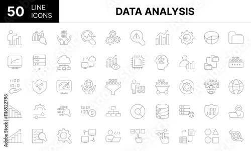 Collection of 50 data analysis line icons featuring editable strokes. These outline icons depict various modes of data analysis, database, research, optimization, datum, technology, statistic, 