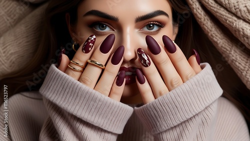 Velvet-textured nails in deep burgundy with a soft matte finish, woman with nails, trendy nails, manicure with a nail polish, manicure, nails, nails art, nails design, trendy, fashionable nails., woma photo