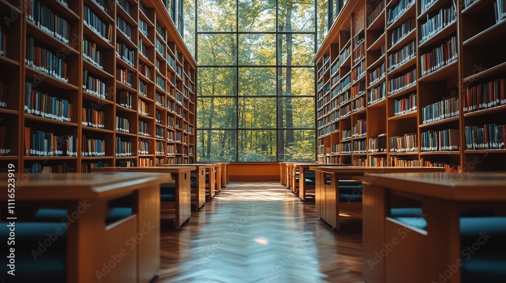 Fototapeta premium Serene library interior with books and forest view through large windows