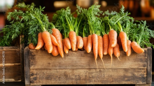 Freshly Harvested Carrots in Wooden Crate with Greenery photo