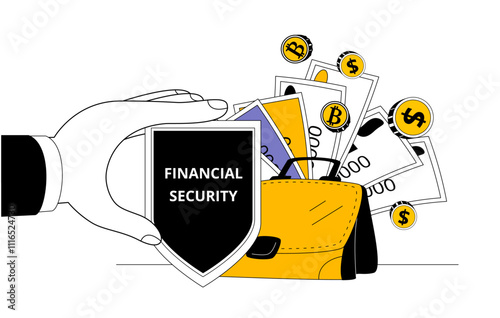 Hand holding a shield that protects the investment portfolio. Formation and protection of the investor's portfolio with high profitability. Vector illustration. Passive income. Investing online.