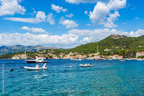 Fototapeta Naklejka Na Ścianę i Meble -  View of Adriatic Sea and Elaphiti Island Lopud near Dubrovnik. Summer in Croatia