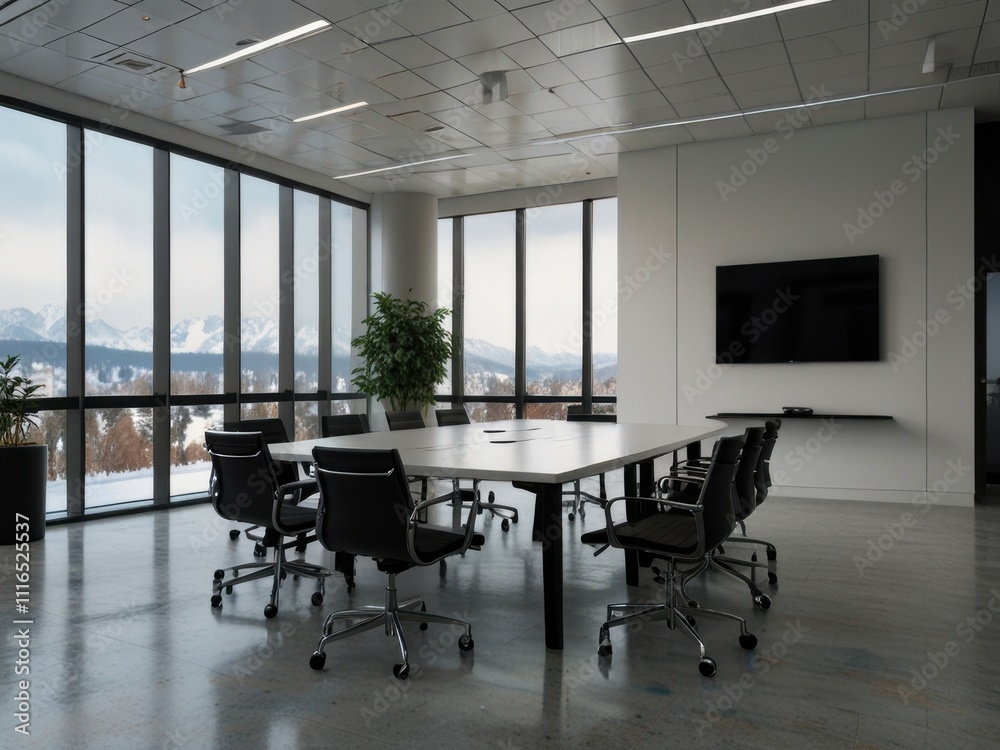 Fototapeta premium Modern seminar room with minimalist design and serene winter view