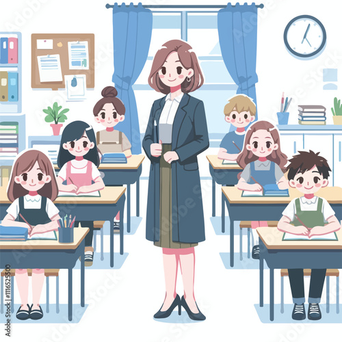Teacher and students in classroom. Back to classroom
