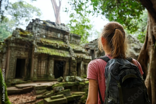 Young caucasian female exploring ancient temple ruins in lush jungle