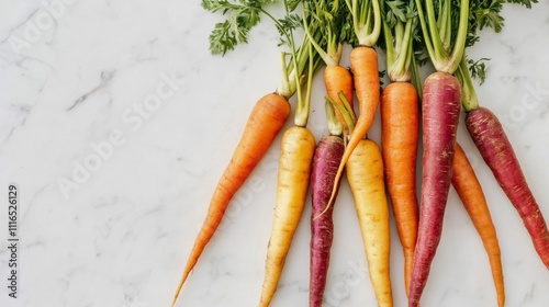 A Bunch of Colorful Carrots on a White Marble Surface photo