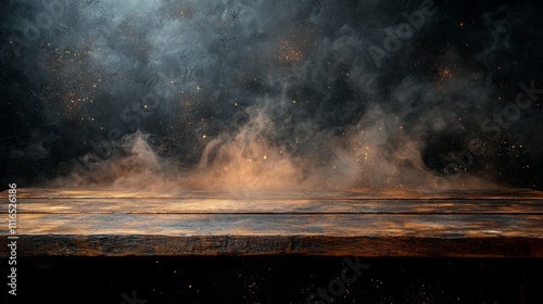 Rustic wooden table with mystical smoke and dark starry background, magical atmosphere concept