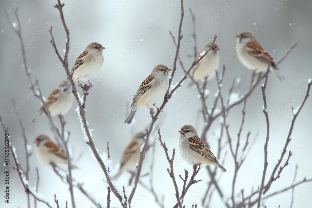 Sparrows perched on snow-covered branches in tranquil winter scene