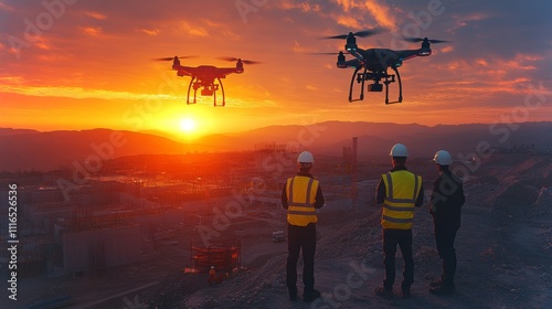 Drones monitor construction site at sunset with workers observing operations in 4K clarity