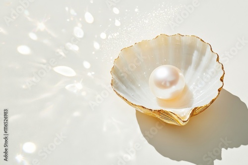 Elegant pearl nestled in an open seashell with sparkling water droplets on a clean white background, creating a modern minimalist aesthetic perfect for design projects