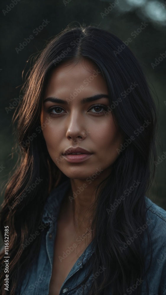Close-up portrait of a woman with long dark hair in natural light outdoors Close-up portrait of a woman with long dark hair in natural light outdoors