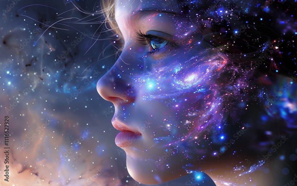 Cosmic Child: A mesmerizing portrait of a child whose face is interwoven with a vibrant nebula, evoking wonder, dreams, and the boundless possibilities of the universe. Cosmic Child: A mesmerizing portrait of a child whose face is interwoven with a vibrant nebula, evoking wonder, dreams, and the boundless possibilities of the universe.