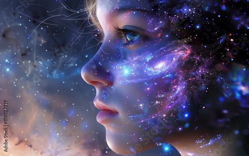 Cosmic Child: A mesmerizing portrait of a child whose face is interwoven with a vibrant nebula, evoking wonder, dreams, and the boundless possibilities of the universe.