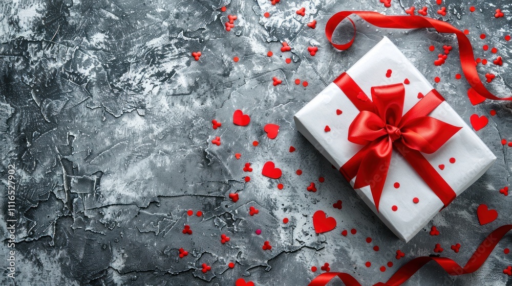 Gift Box with Red Ribbon and Hearts on a Gray Background Gift Box with Red Ribbon and Hearts on a Gray Background
