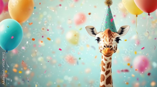 Festive Giraffe Celebrates Birthday Party Balloons Confetti